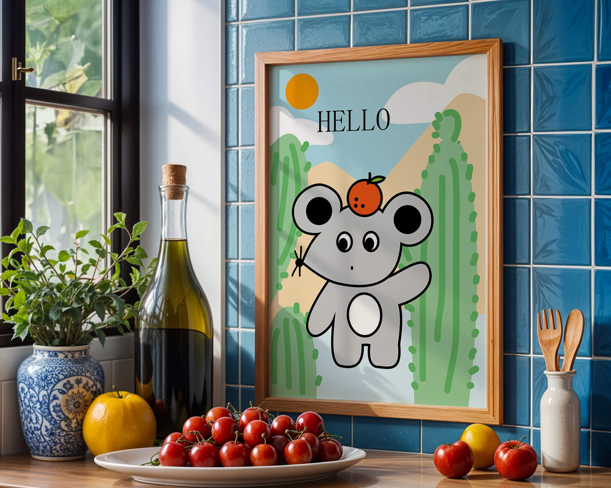 Cute illustration of a mouse with an orange on a sunny background