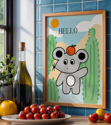 Cute illustration of a mouse with an orange on a sunny background