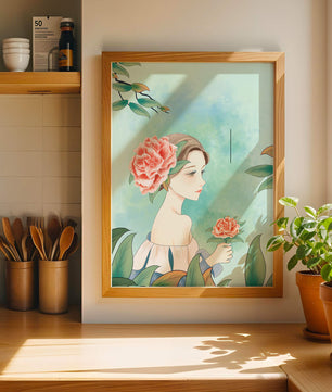 Ilustración de una mujer con una flor y texto que dice "Hola, julio"