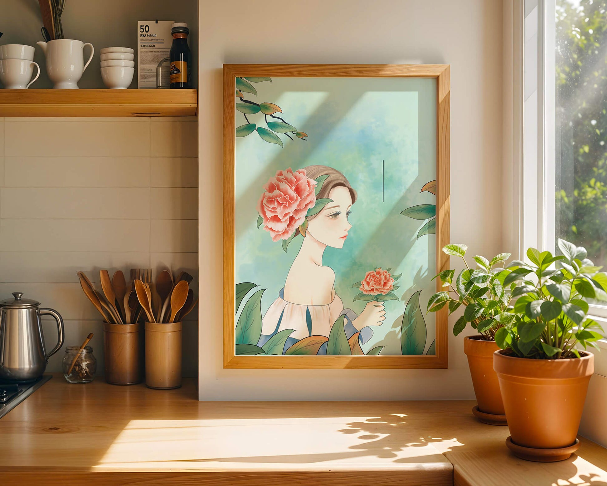 Illustration of a woman with a flower and text saying "Hello, July"