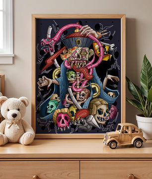 Colorful skeleton with skulls and snake illustration