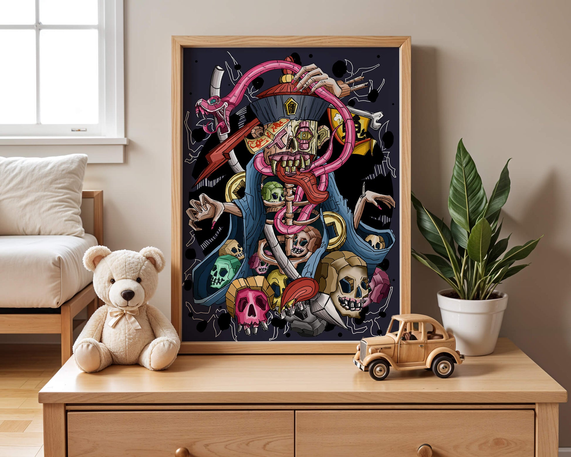 Colorful skeleton with skulls and snake illustration