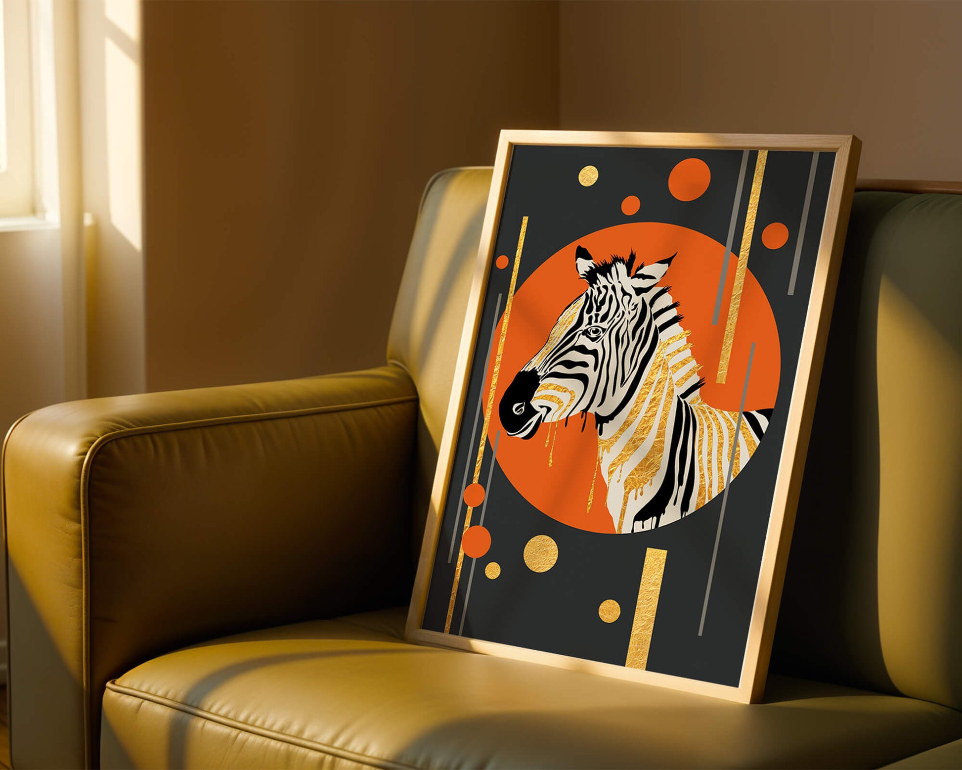 Modern zebra art with golden accents on abstract background