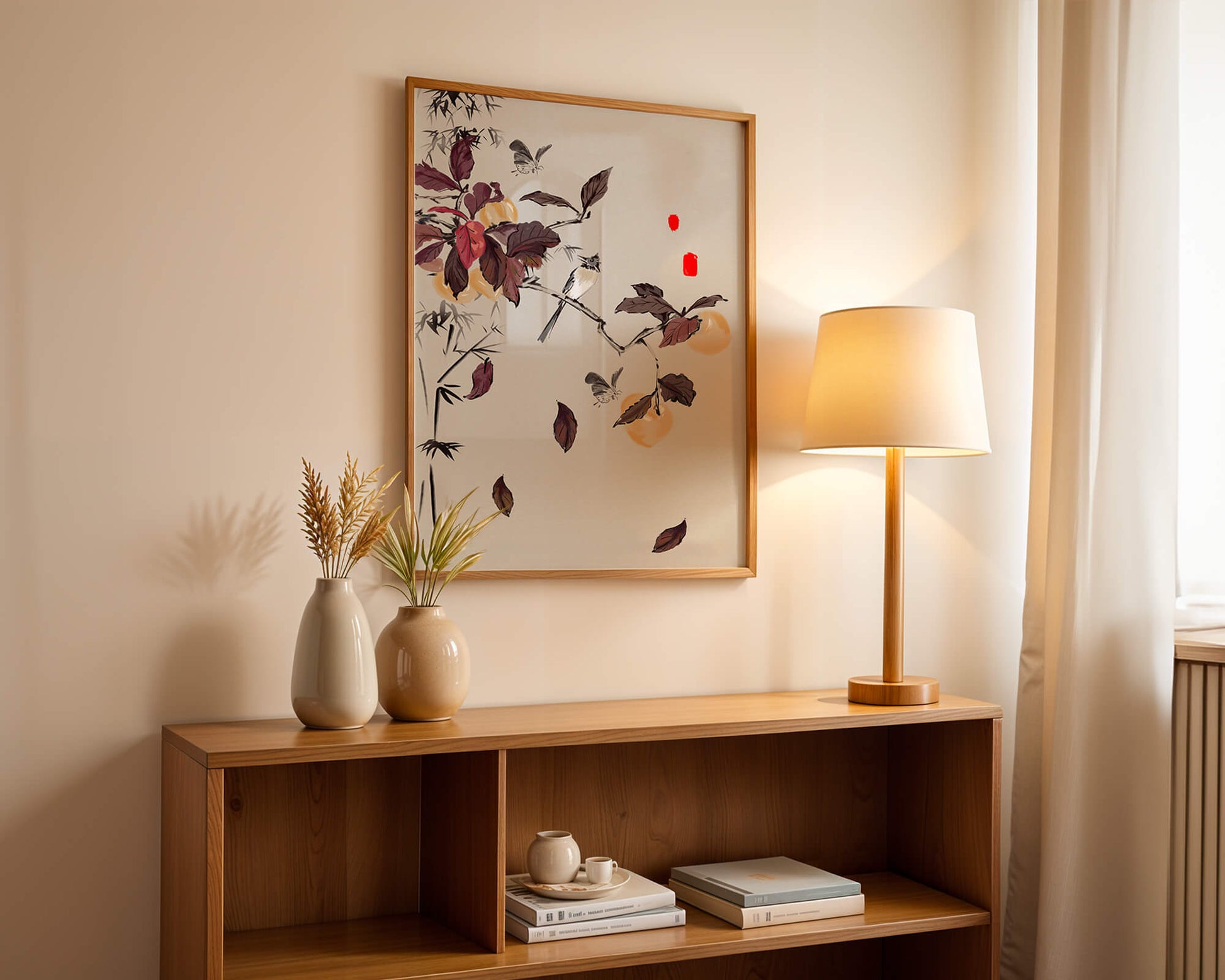 Elegant nature illustration featuring butterflies and birds on a branch