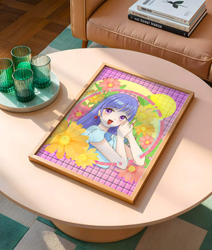 Anime-Mädchen mit leuchtenden Blumen und lila Haaren auf buntem Hintergrund
