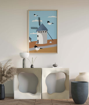 Windmill Landscape with Birds in a Minimalist Style