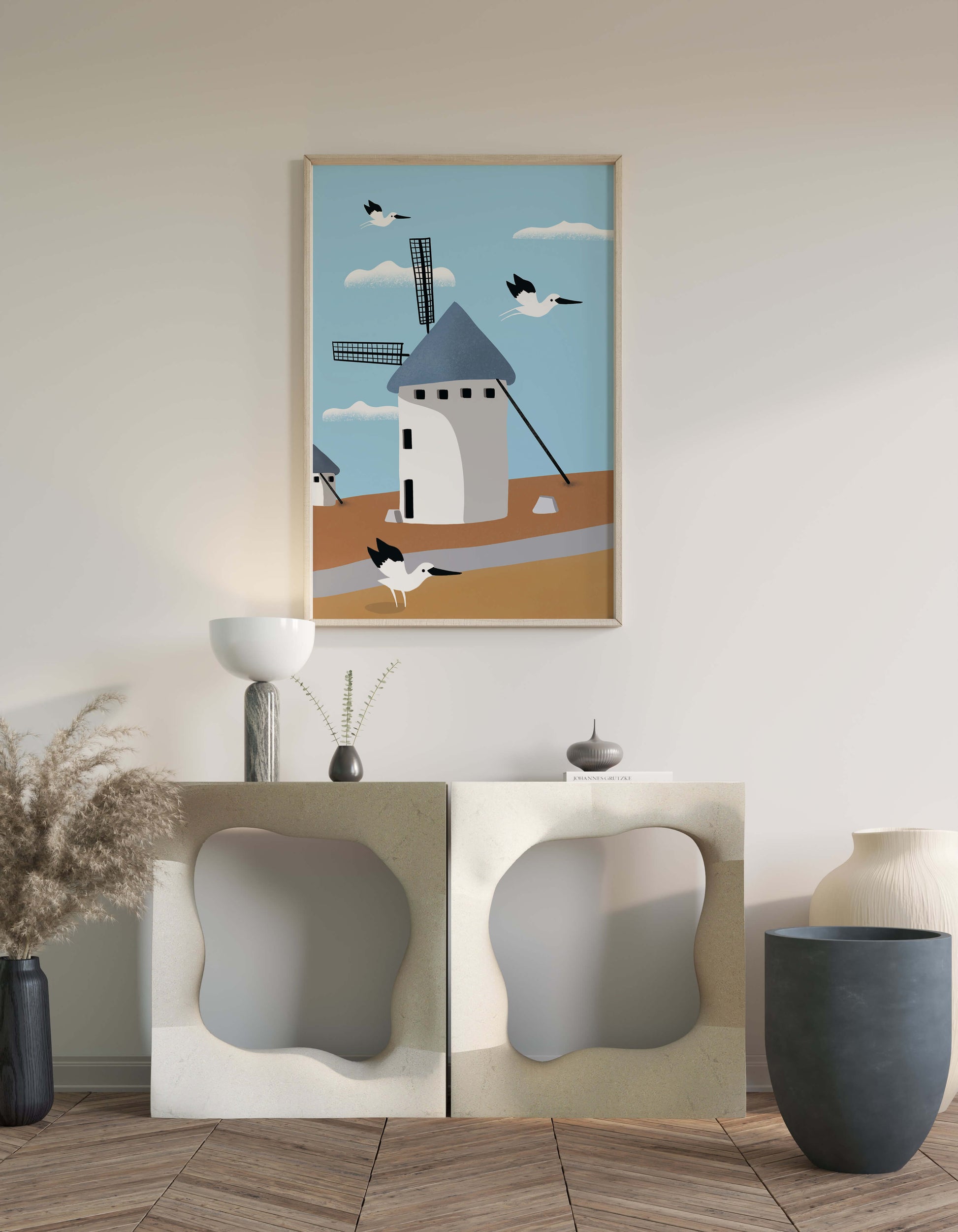 Paisaje de molino de viento con pájaros en estilo minimalista