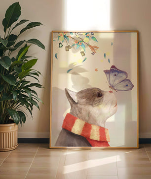 Cat Staring at Butterfly with Floral Elements - Mi tienda