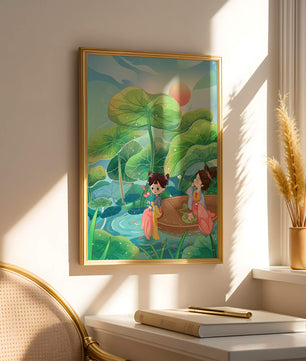 Charming illustration of children on a boat in a lush lotus pond