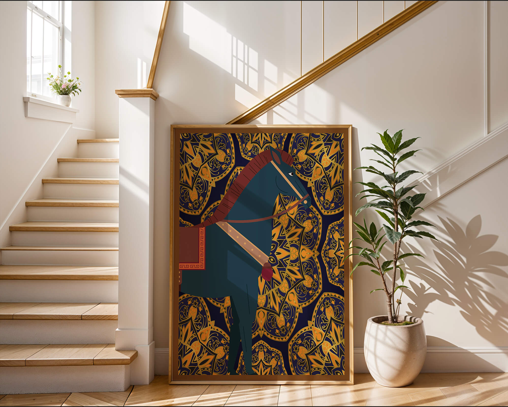 Stylized horse illustration on intricate golden pattern background