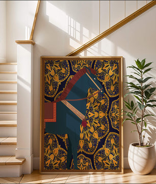 Stilisierte Pferdeillustration auf kompliziertem goldenem Musterhintergrund
