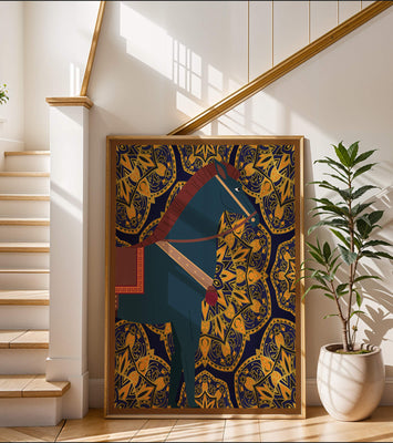 Stylized horse illustration on intricate golden pattern background