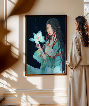 Elegant Woman Holding Glowing Lotus in Tranquil Nightscape