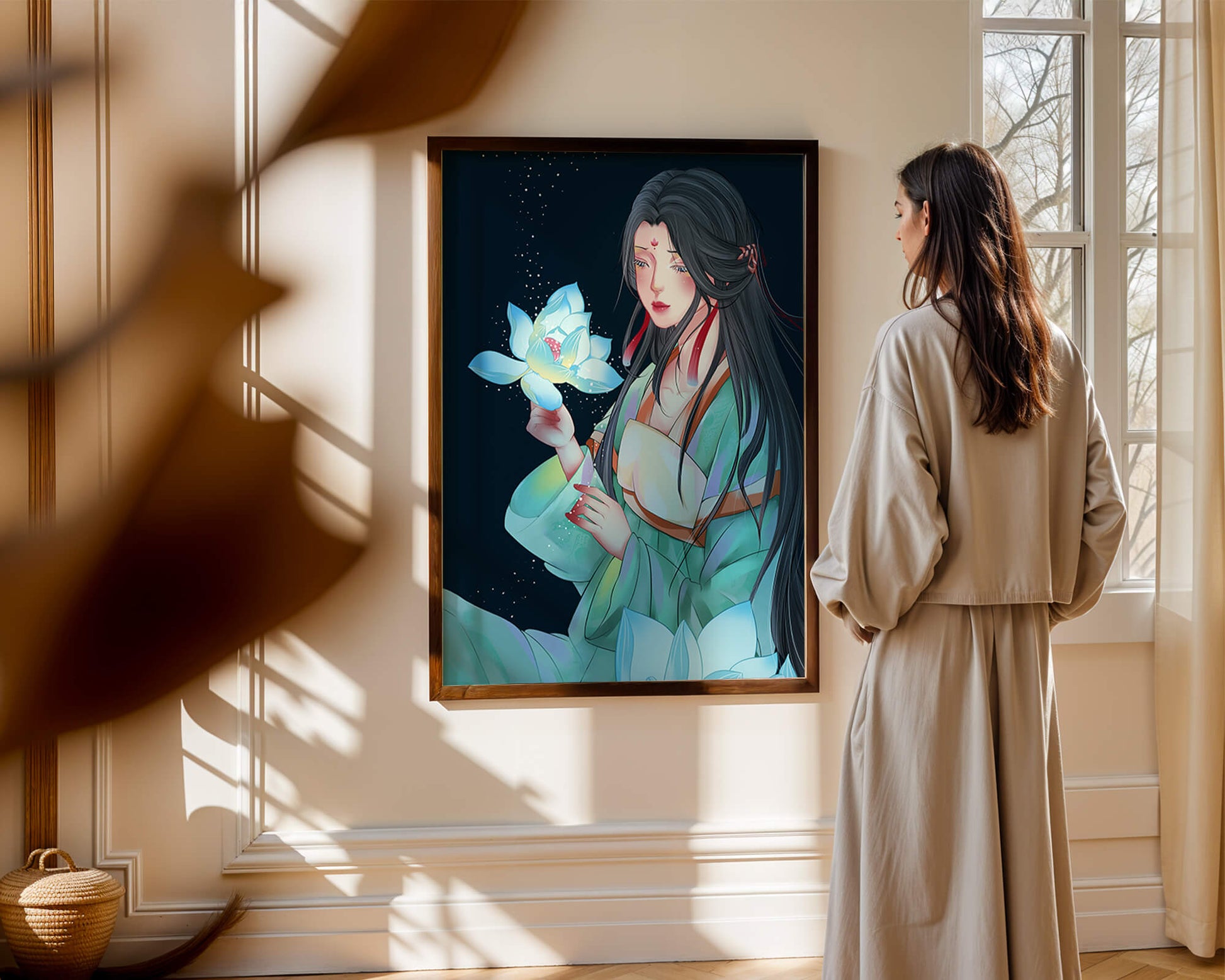 Elegant Woman Holding Glowing Lotus in Tranquil Nightscape