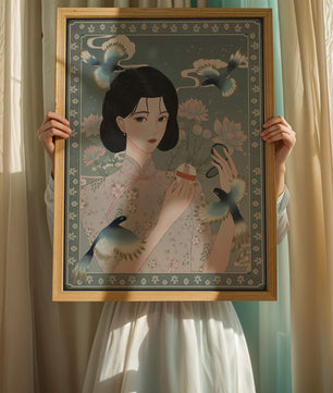 Mujer elegante en kimono floral rodeada de pájaros y flores de loto