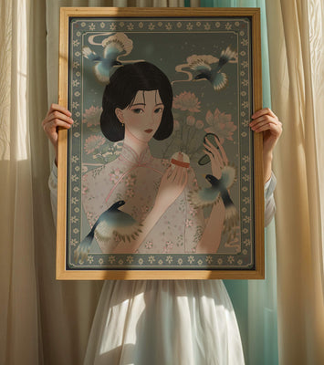 Elegant woman in floral kimono surrounded by birds and lotus flowers