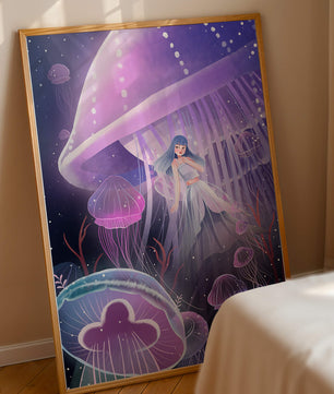 Underwater Fantasy Scene with Jellyfish and Girl