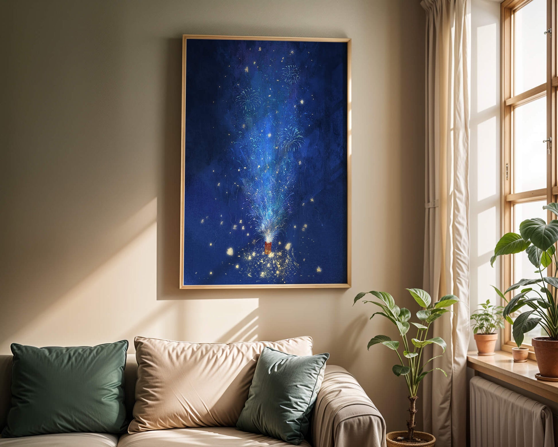 Feu d'artifice bleu dans la nuit avec étincelles dorées