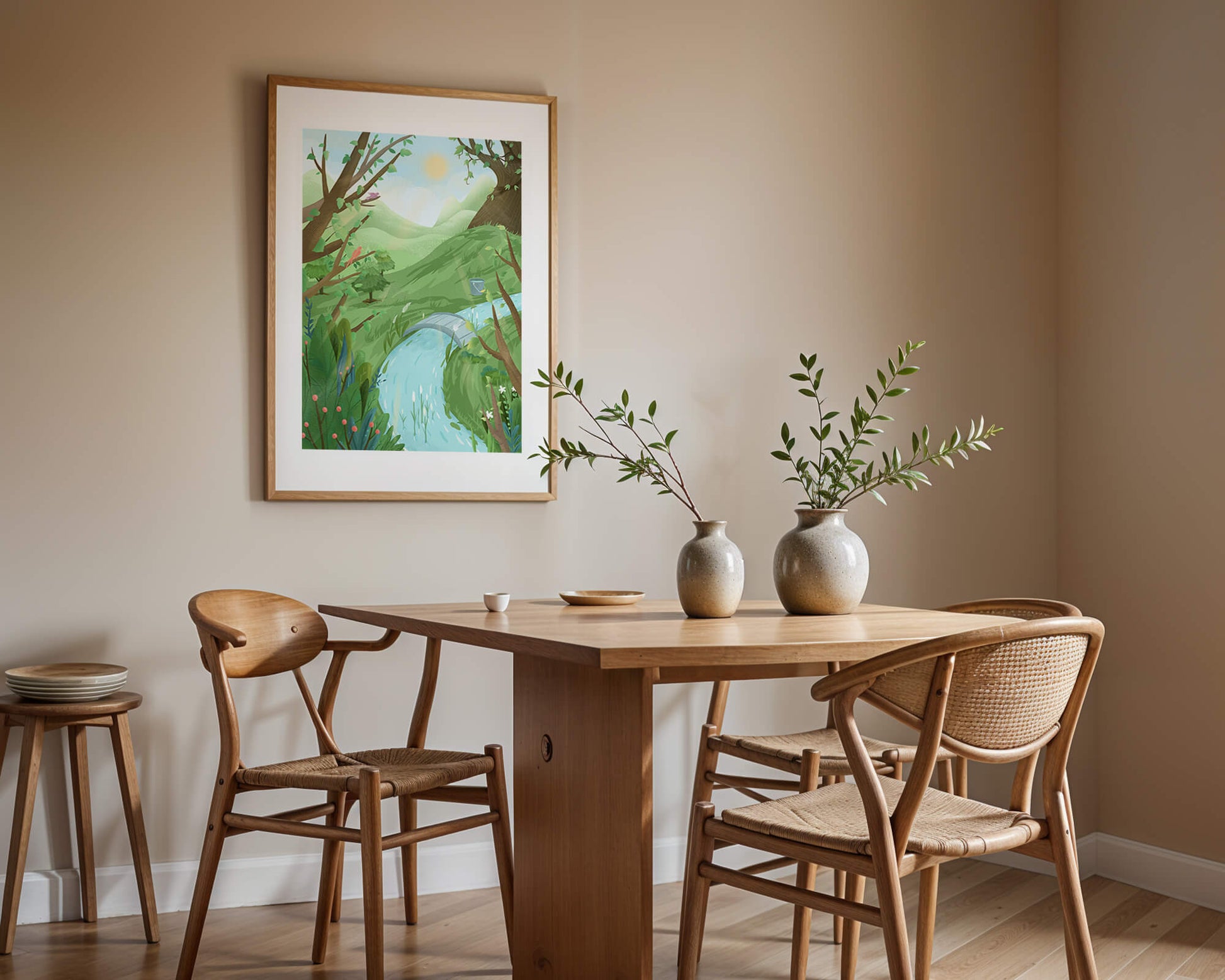 Paisaje sereno con aves y río bajo un cielo soleado