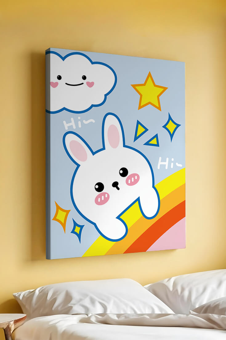 Whimsical cartoon bunny with cloud and rainbow theme