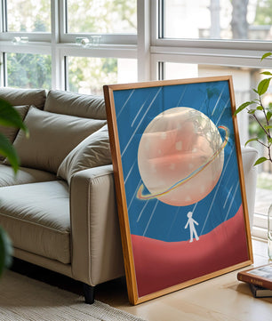 Illustration Of A Large Planet Against A Stardust Background With A Small Figure In The Foreground