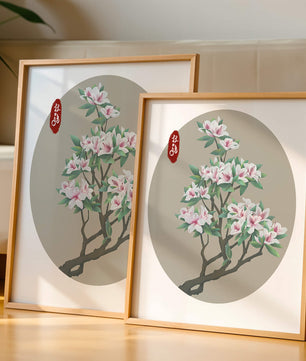Obra floral delicada con magnolias en flor en estilo oriental