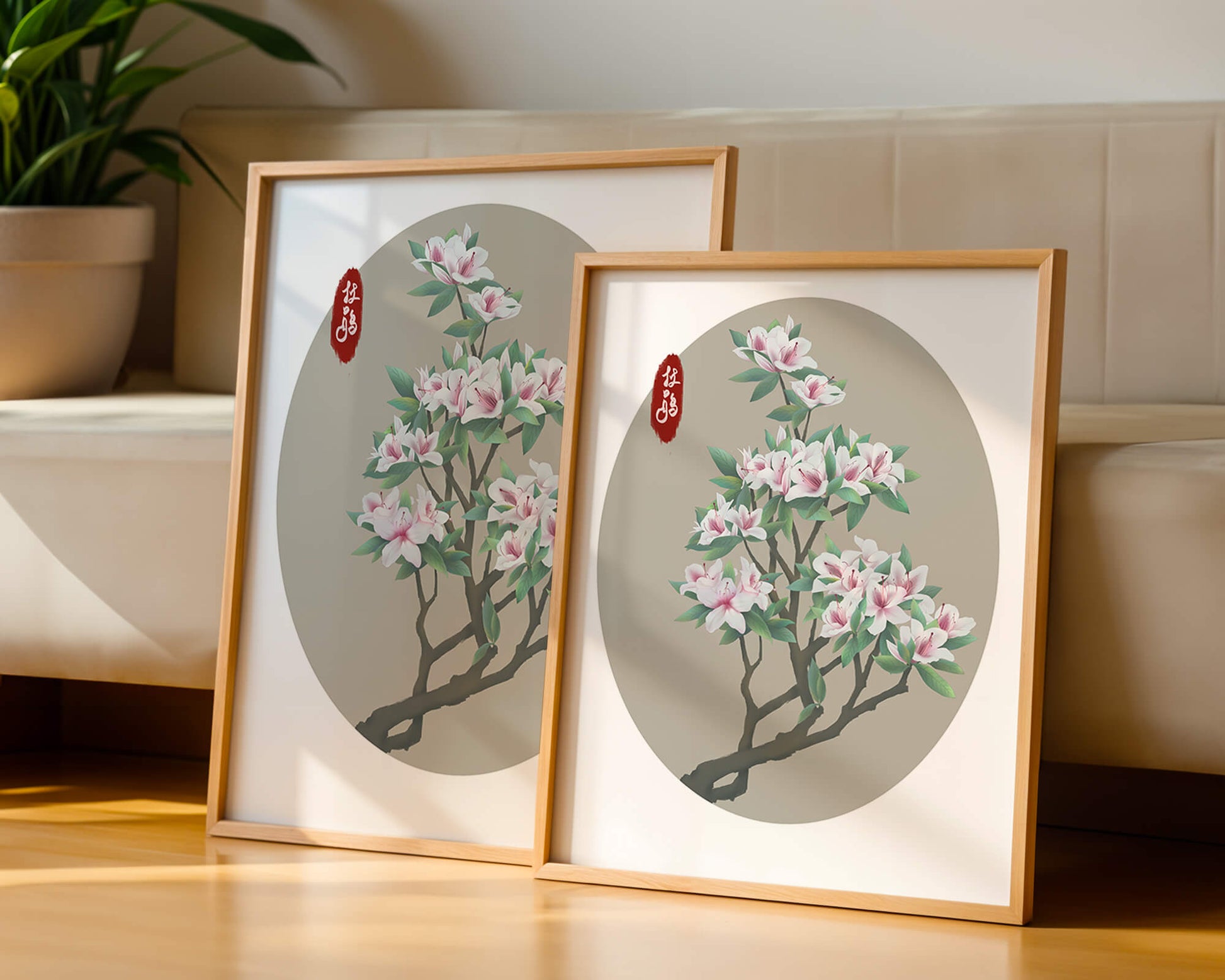 Obra floral delicada con magnolias en flor en estilo oriental