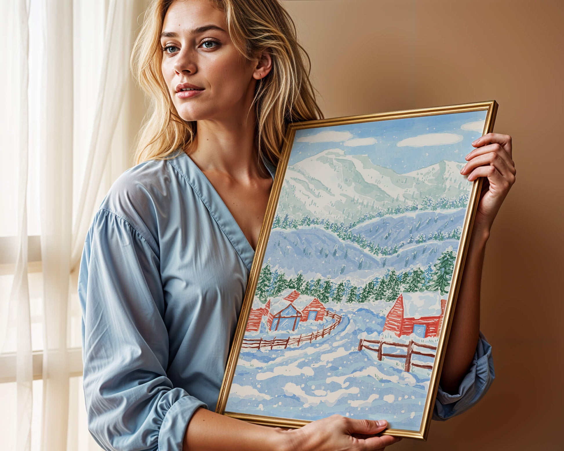 Charming snowy landscape with mountain view and cozy cabins