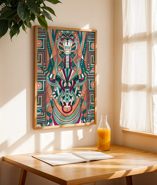 Arte tribal geométrico con motivos de serpiente y toro