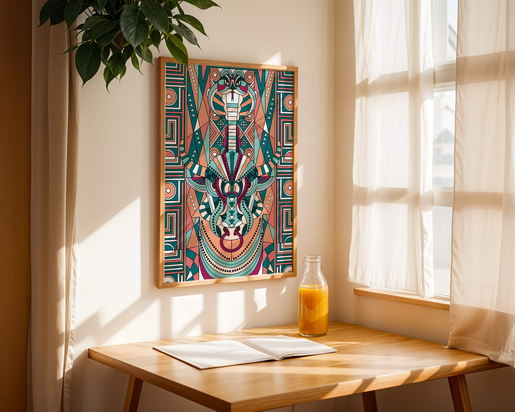 Arte tribal geométrico con motivos de serpiente y toro