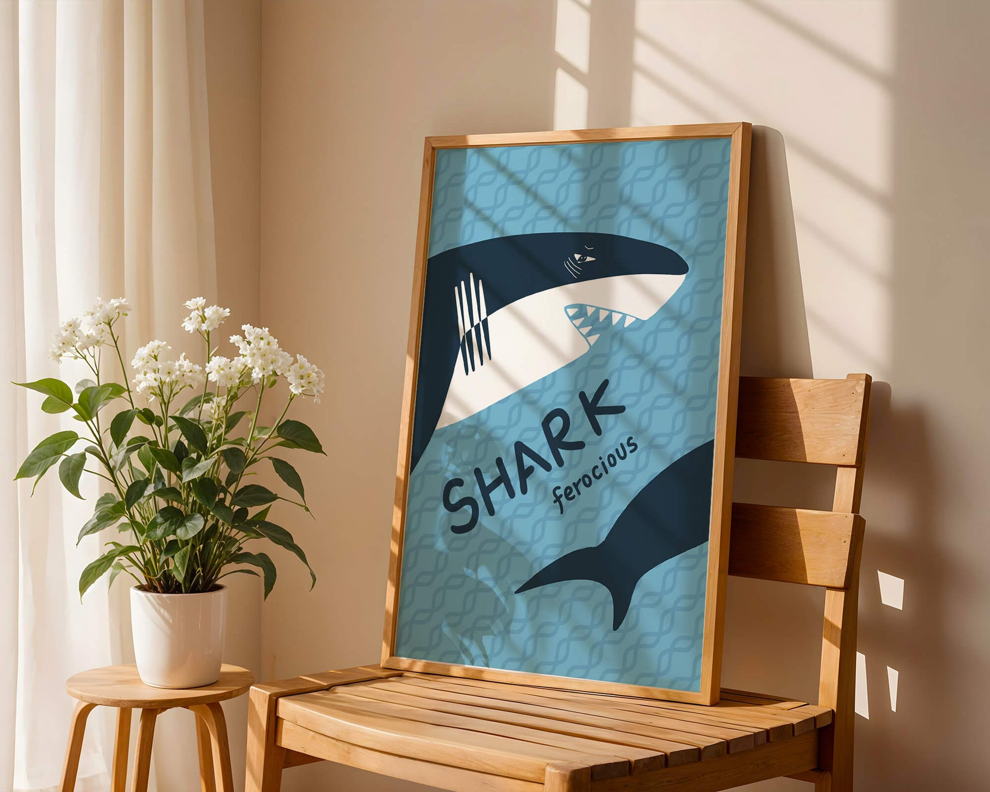 Illustrated shark graphic with blue background and typography