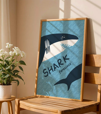 Illustrated shark graphic with blue background and typography