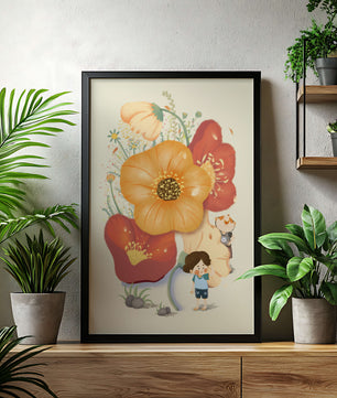 Charming Illustration of Children among Large Flowers with Playful Puppy