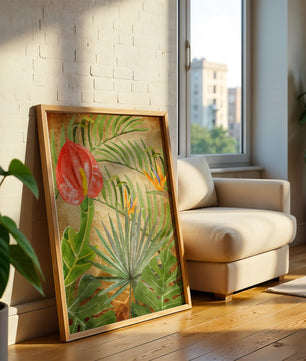 Colorful botanical illustration with tropical leaves on textured background