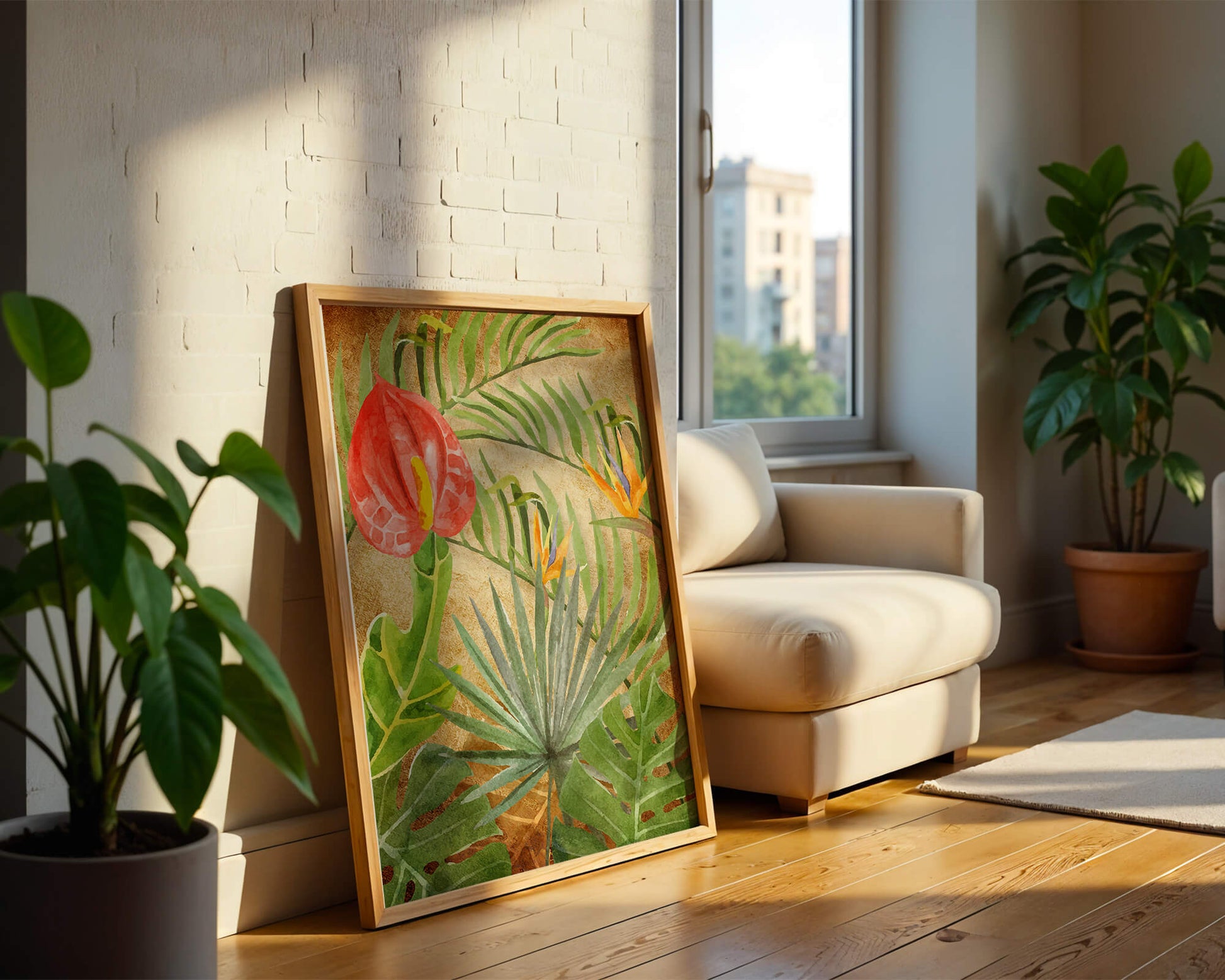 Colorful botanical illustration with tropical leaves on textured background