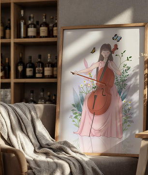 Girl Playing Cello Surrounded by Nature with Butterflies - Mi tienda
