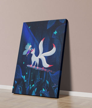 Enchanted forest with fairy and mystical creature under moonlit sky