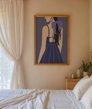 Stilvolle Illustration einer Frau mit gepunkteter Schleife und blauem Kleid