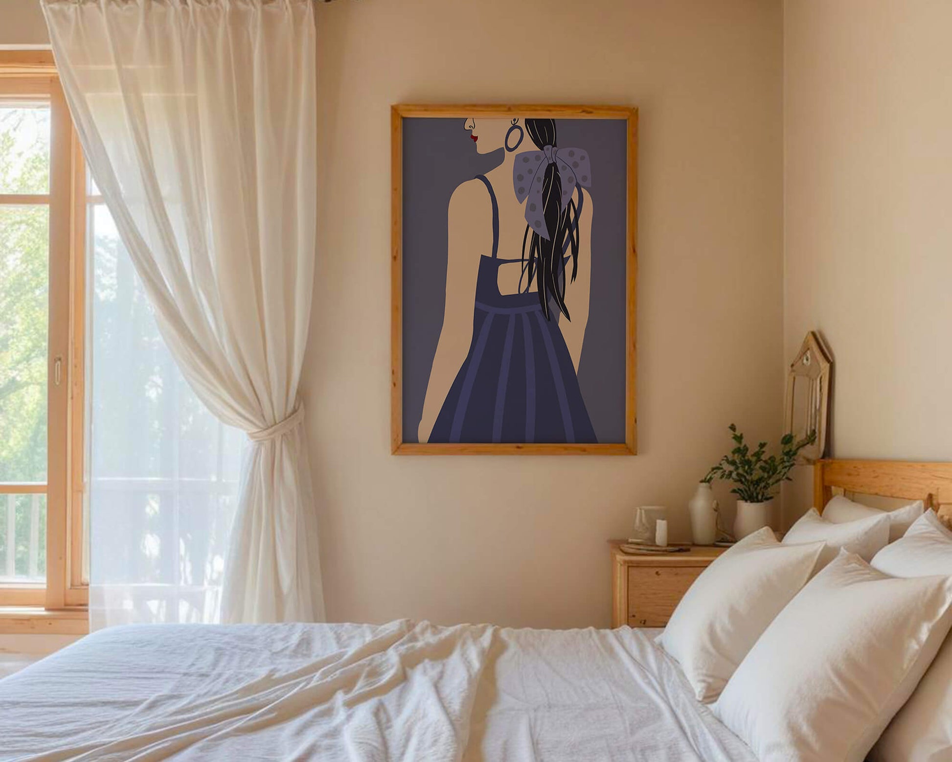 Stilvolle Illustration einer Frau mit gepunkteter Schleife und blauem Kleid