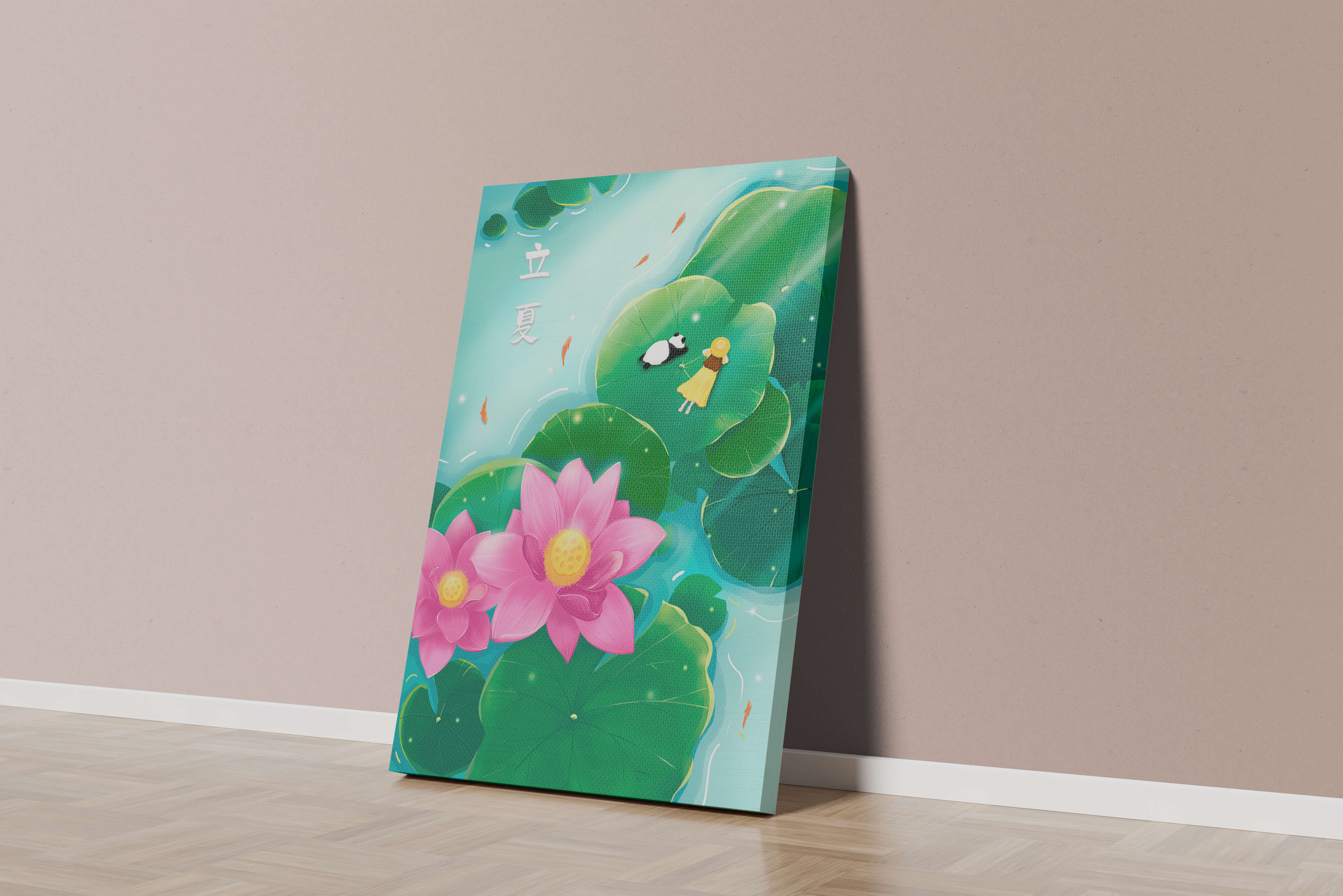 Girl and Panda Relaxing on Lily Pads with Pink Lotus and Goldfish