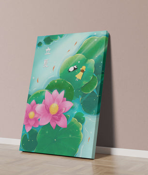 Girl and Panda Relaxing on Lily Pads with Pink Lotus and Goldfish