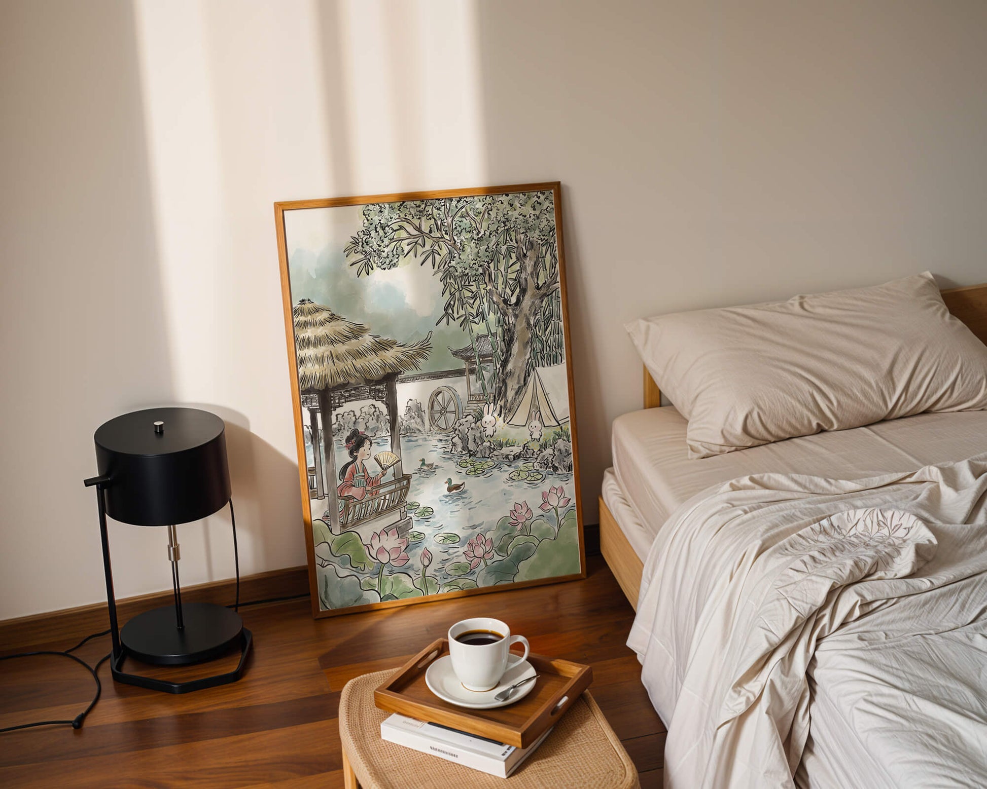 Escena tranquila de jardín con mujer, patos y conejos en un entorno tradicional