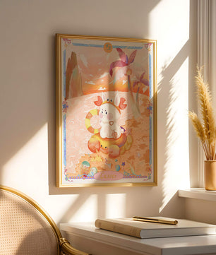 Charming Zodiac Cancer Illustration with Cartoon Bunny on a Beach