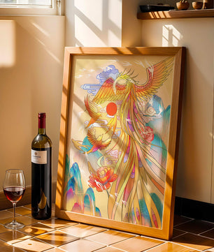 Colorful phoenix soaring in a dreamlike sky with vibrant flowers and mountains
