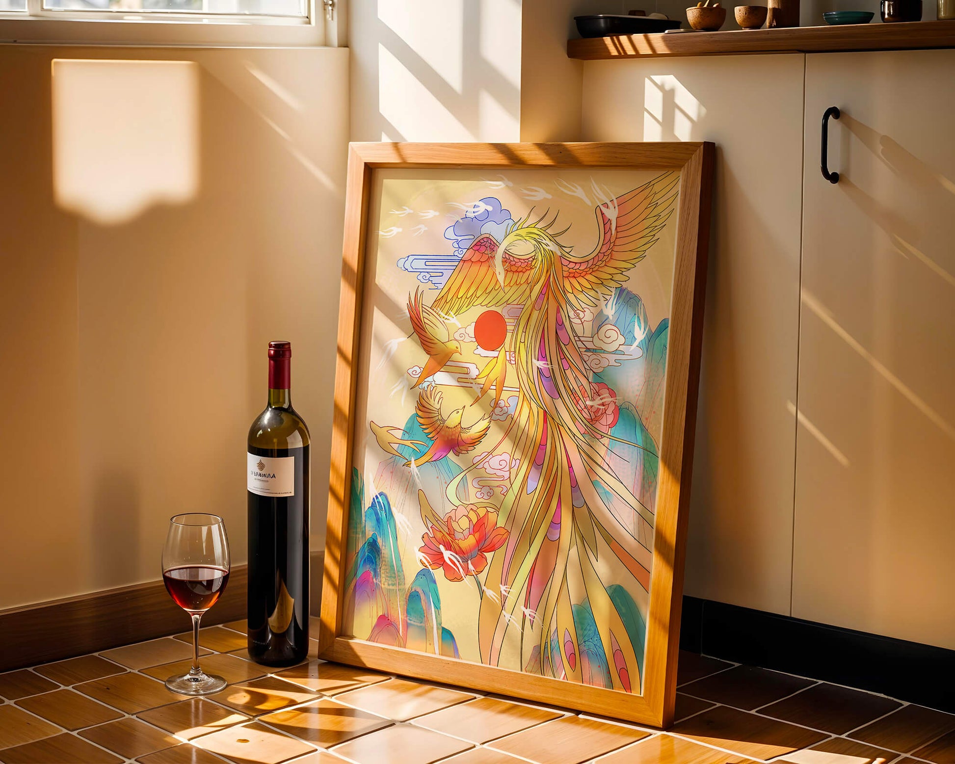 Colorful phoenix soaring in a dreamlike sky with vibrant flowers and mountains