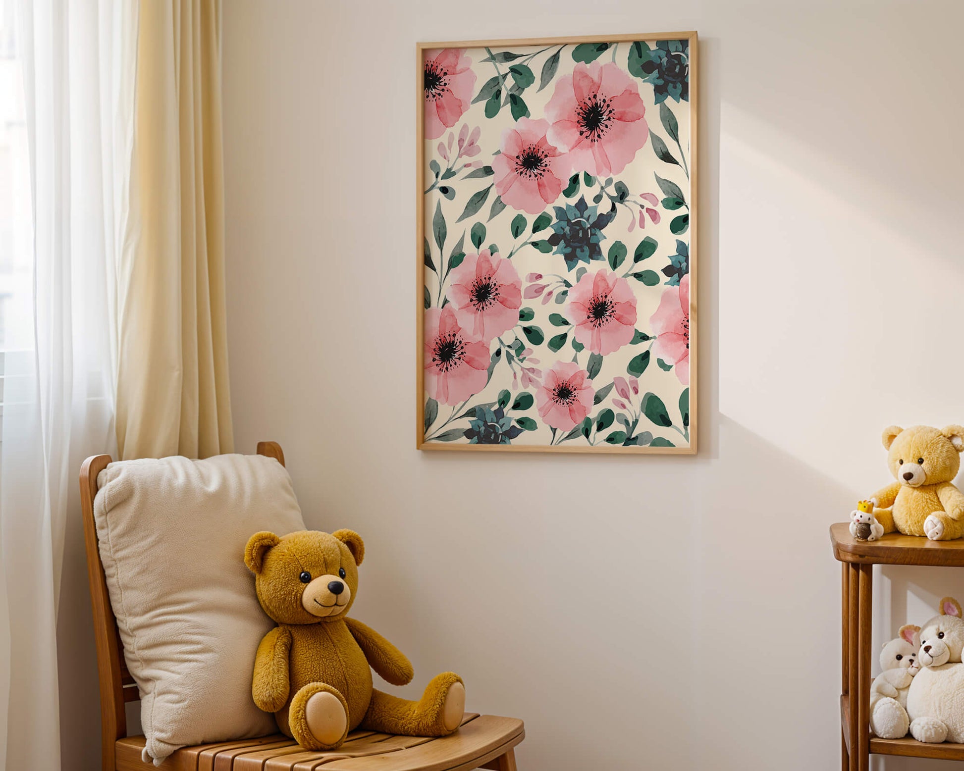 Floral Watercolor Pattern with Pink Flowers and Green Leaves