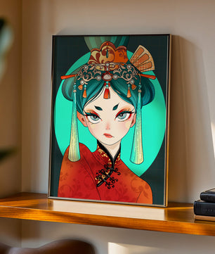 Elegant illustration of a woman in traditional attire with intricate headpiece