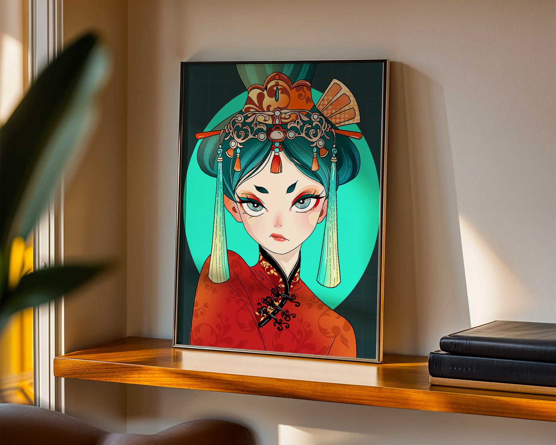 Elegant illustration of a woman in traditional attire with intricate headpiece
