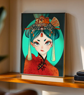 Elegant illustration of a woman in traditional attire with intricate headpiece