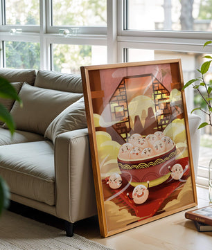 Dumplings de dibujos animados encantadores en un cuenco decorativo en medio de la niebla